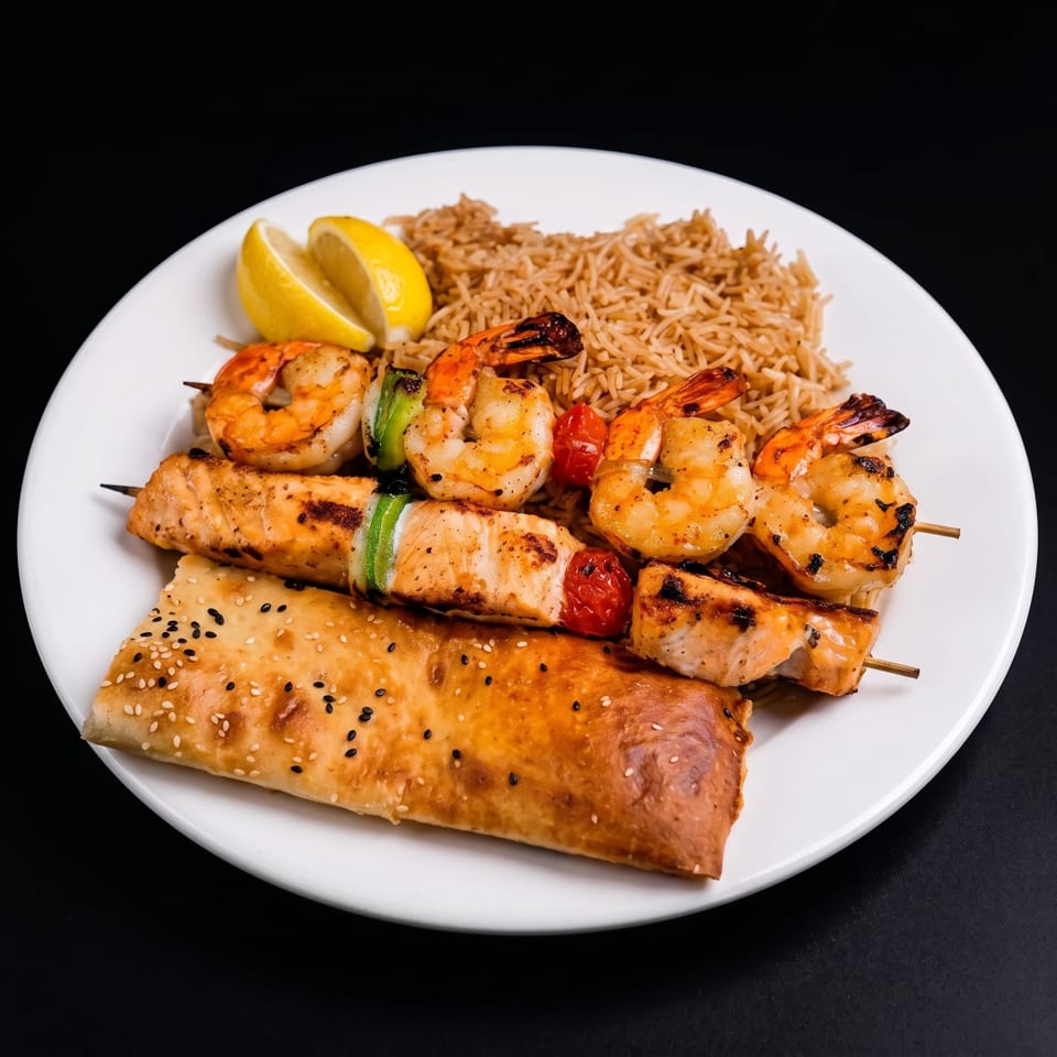 Grilled shrimp and salmon skewers with rice, lemon, and a sesame flatbread on a white plate.