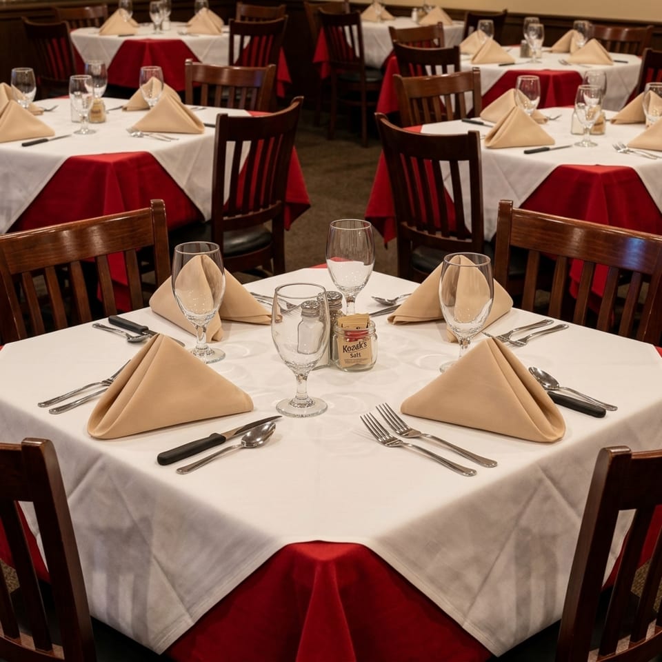 Restaurant dining room with multiple tables set with white tablecloths, red underlays, and tan napkins.