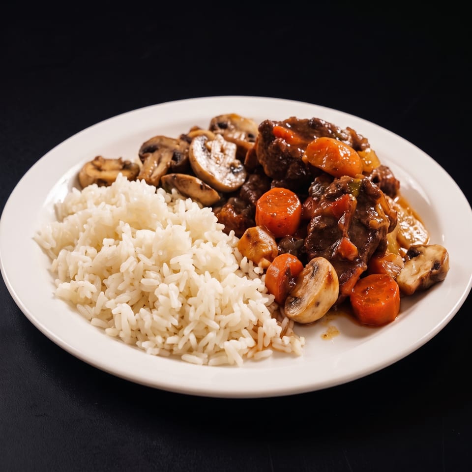 A white plate with a serving of white rice and beef stew with carrots and mushrooms.